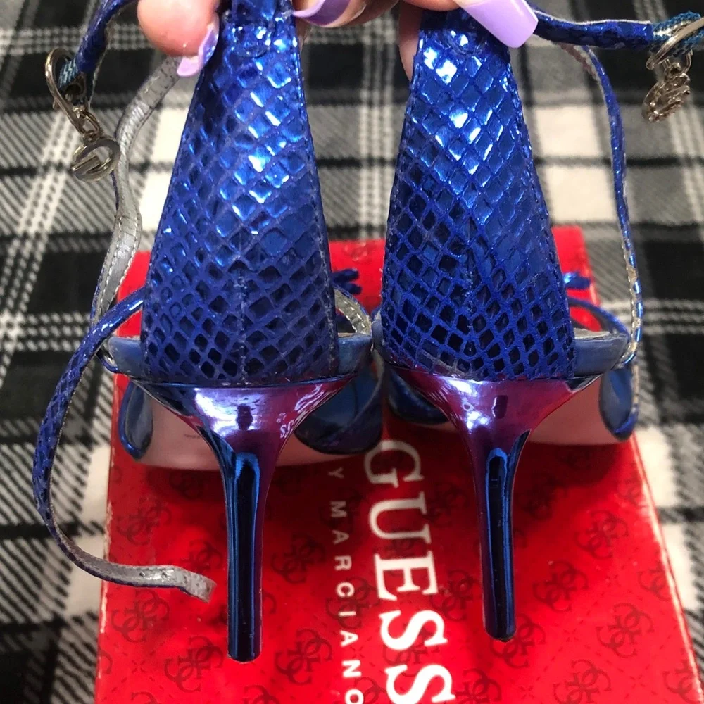 Guess by Marciano Metallic Cobalt Blue Strappy Heels with Bow